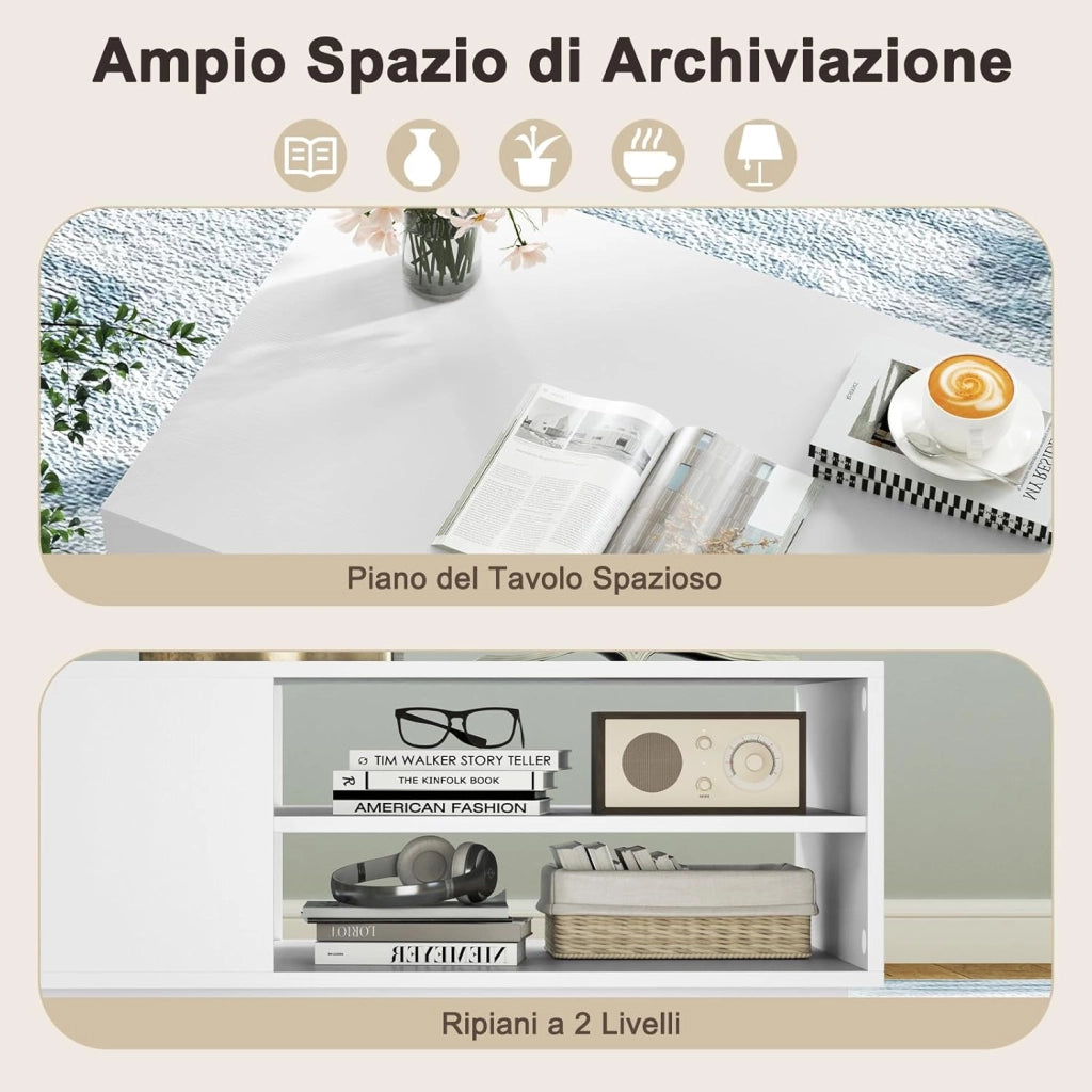 Tavolino da Salotto Rettangolare Design Moderno, Tavolino da Caffè con 2 Ripiani Inferiori Portaoggetti, Tavolino Basso da Divano per Soggiorno, 86 x 56 x 41 cm (Bianco)