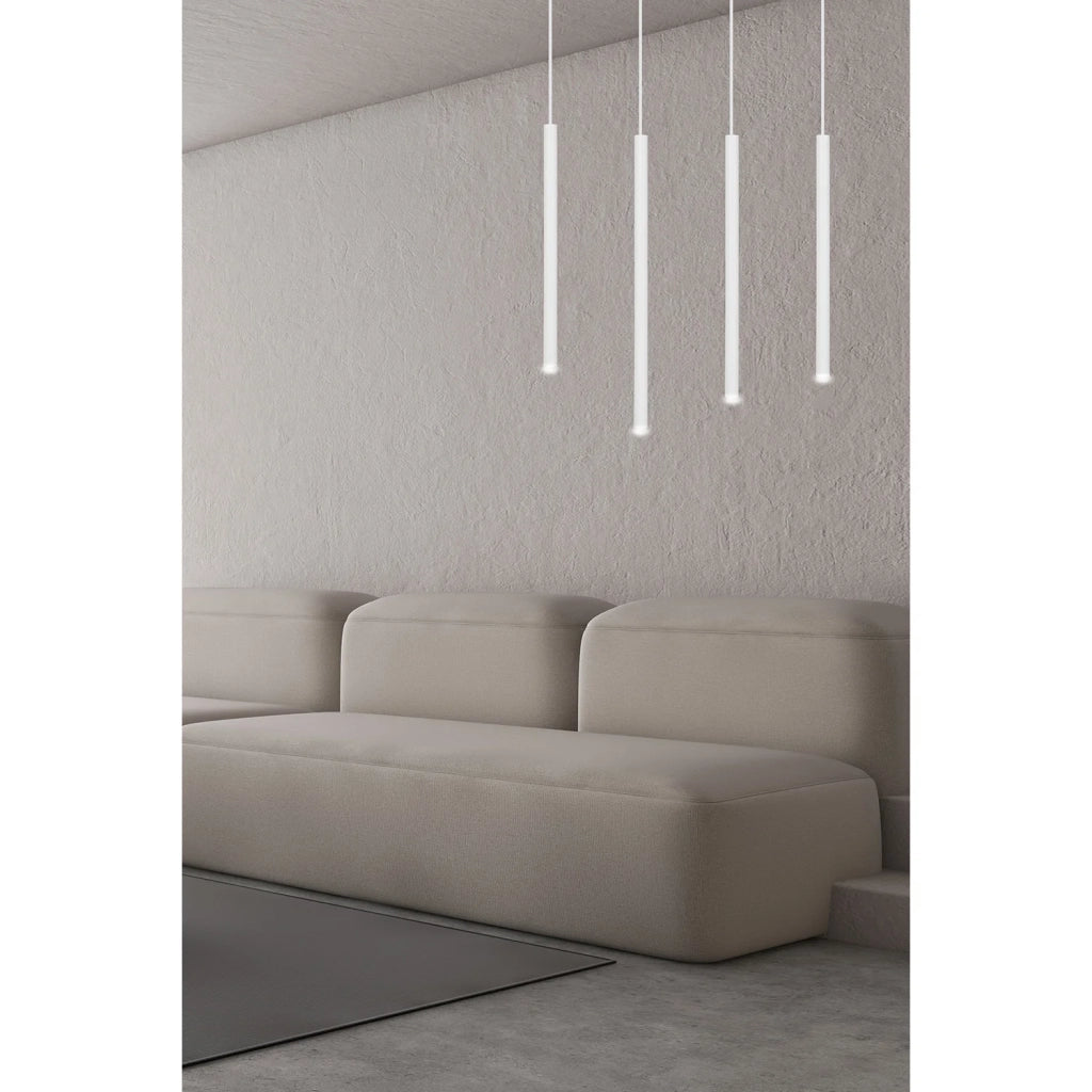 Lampadario 4 Luci Moderno Shu Acciaio Bianco E Paralumi A Cilindri Sottili
