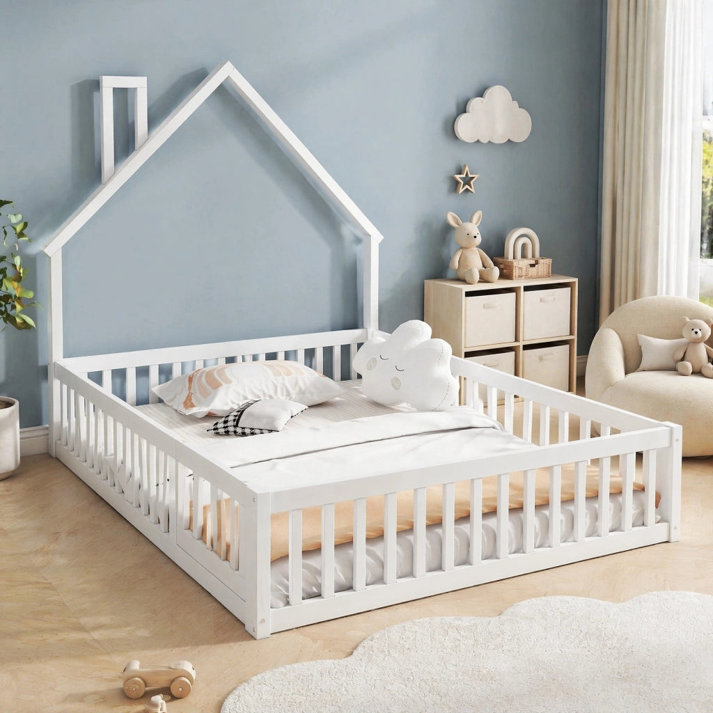 Letto per bambini 140x200 cm con forma camino; in pino e MDF; bianco/grigio