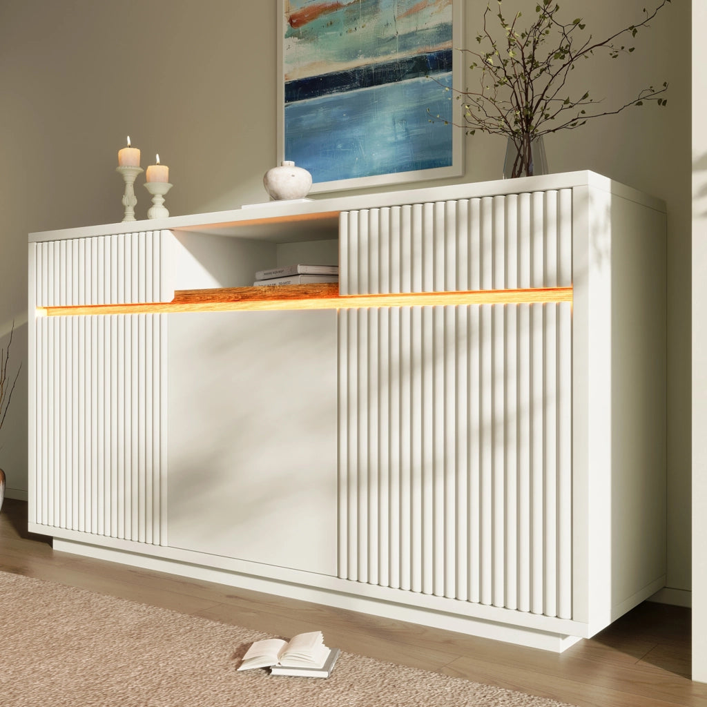 Madia 140x40x85 cm bianca in MDF con LED e ripiani regolabili
