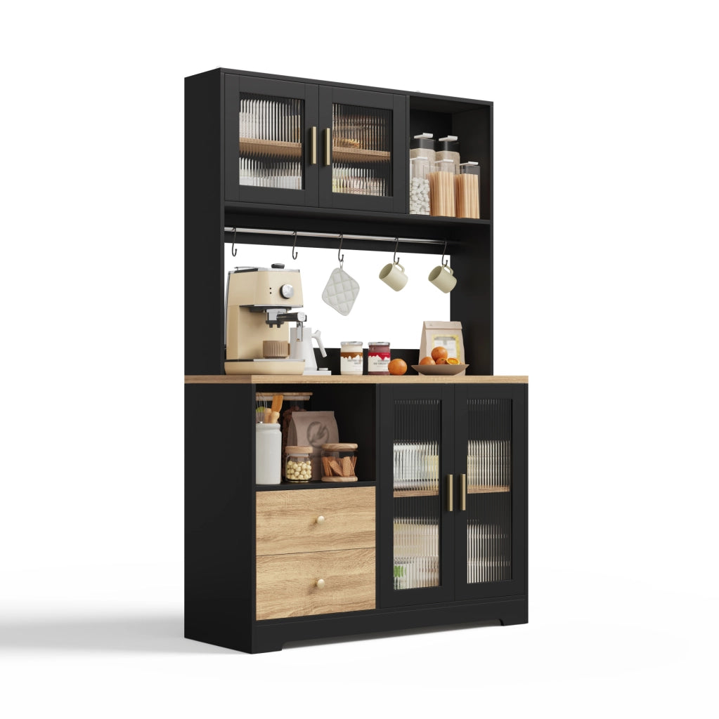 Credenza alta 110x40x178 cm con LED; prese USB e vetrina in MDF nero