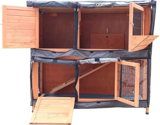 Casetta per Animali con 2 Livelli, con Porte Scorrevoli e Rampe per Accesso, per Interno e Esterno, con Copertura per Casetta
