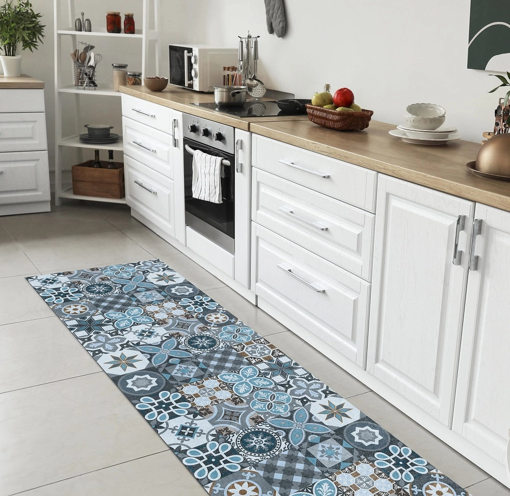 Tappeto Cucina Antiscivolo Made in Italy Passatoia Antimacchia Multiuso Corridoio Soggiorno Lavabile in Lavatrice - 50x500 - Mattonella Acqua