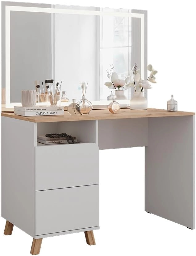 Tavolo da toeletta Karen, Bianco/Artisan, 110 cm con specchio a LED, Materiali robusti per un utilizzo duraturo