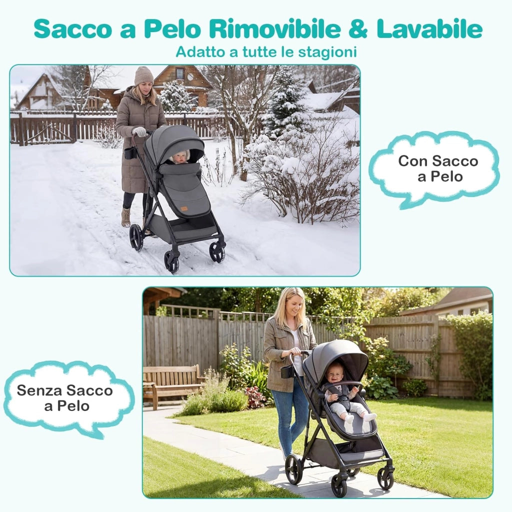 2 in 1 Passeggino Leggero Pieghevole per Bambini, con Schienale Regolabile, Sedile Reversibile, Tettuccio, Cestello Portaoeggetti, per Neonati per 0-36 Mesi (Grigio)