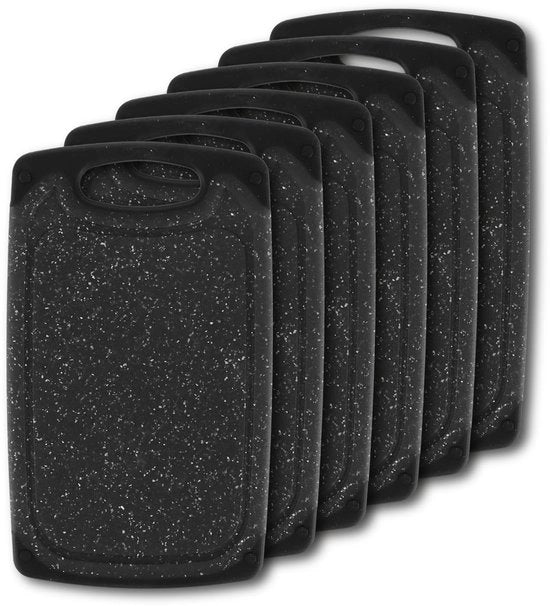 Set di tavoliere per colazione in plastica, 6 pezzi, 25 x 15 cm, piastra di taglio in plastica nera, tavoliere per colazione resistente al lavastoviglie, antiscivolo con fessura per succhi d'arancia e manico, set di bordi piccolo
