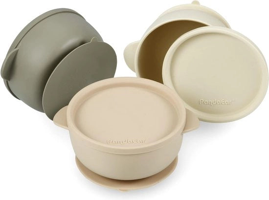 Set di 3 comignoli per bambini con presa e coperchio per neonati, bambini in età prescolare, lattanti - servizio per bambini in silicone lavabile - morbido e sicuro, BPA-free - tessuto marrone beige