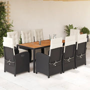 Set da Pranzo da Giardino 9 pz con Cuscini Nero in Polyrattan