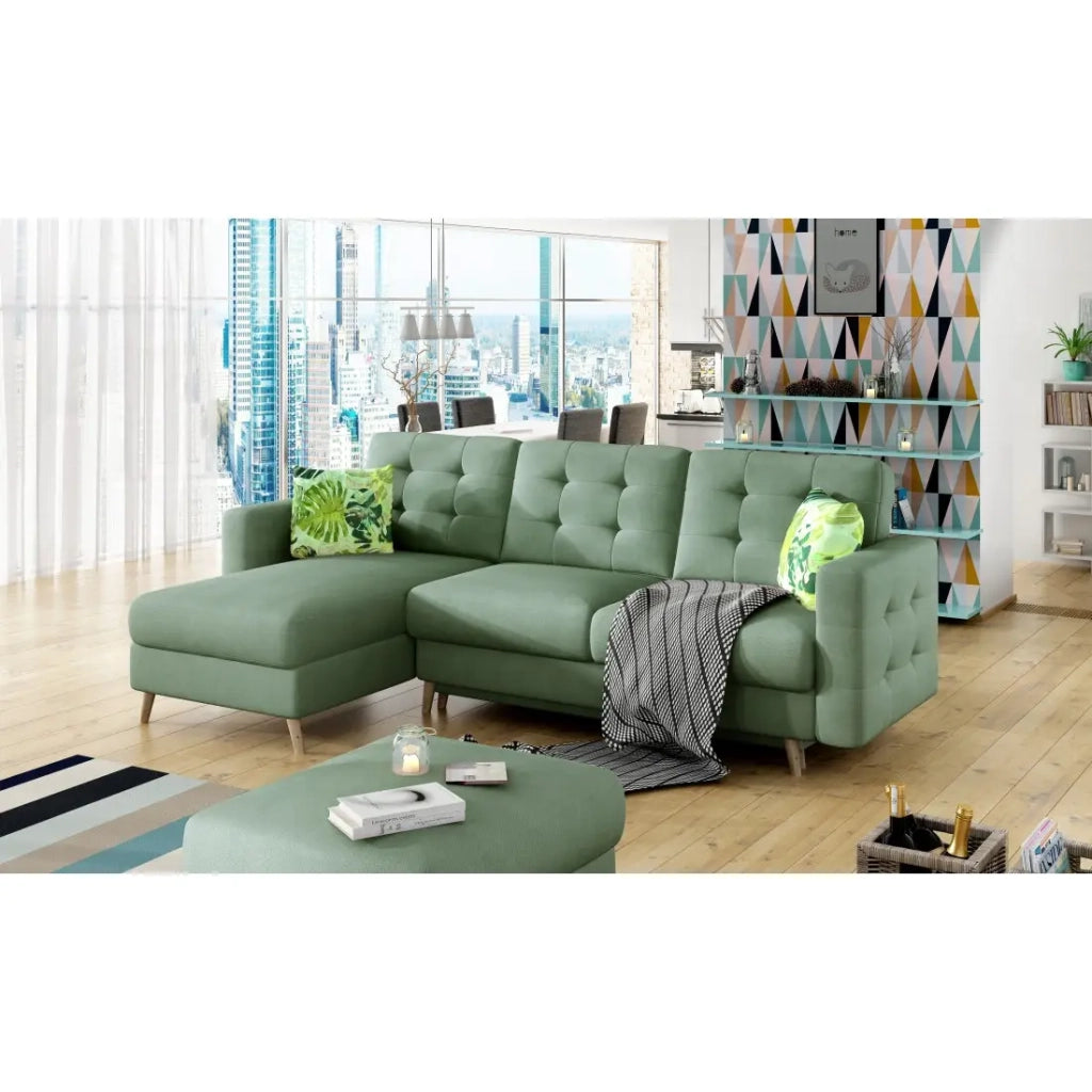 Divano angolare convertibile HASGARD 3 posti verde 248x162 cm - con vano contenitore e piedi in legno