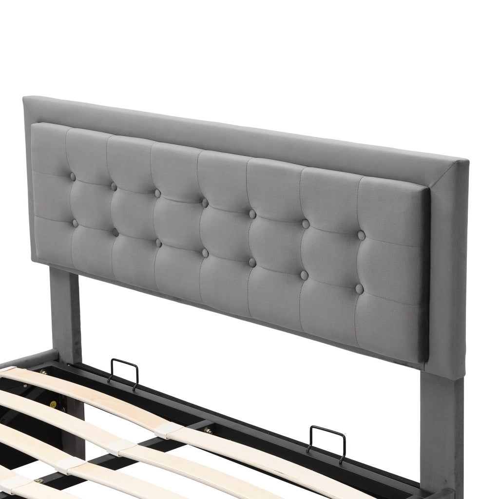 OKWISH Letto Contenitore 140×190 cm, Letto Matrimoniale con Contenitore, 2 Cassetti e Testiera Regolabile, senza Materasso, in Velluto, Grigio