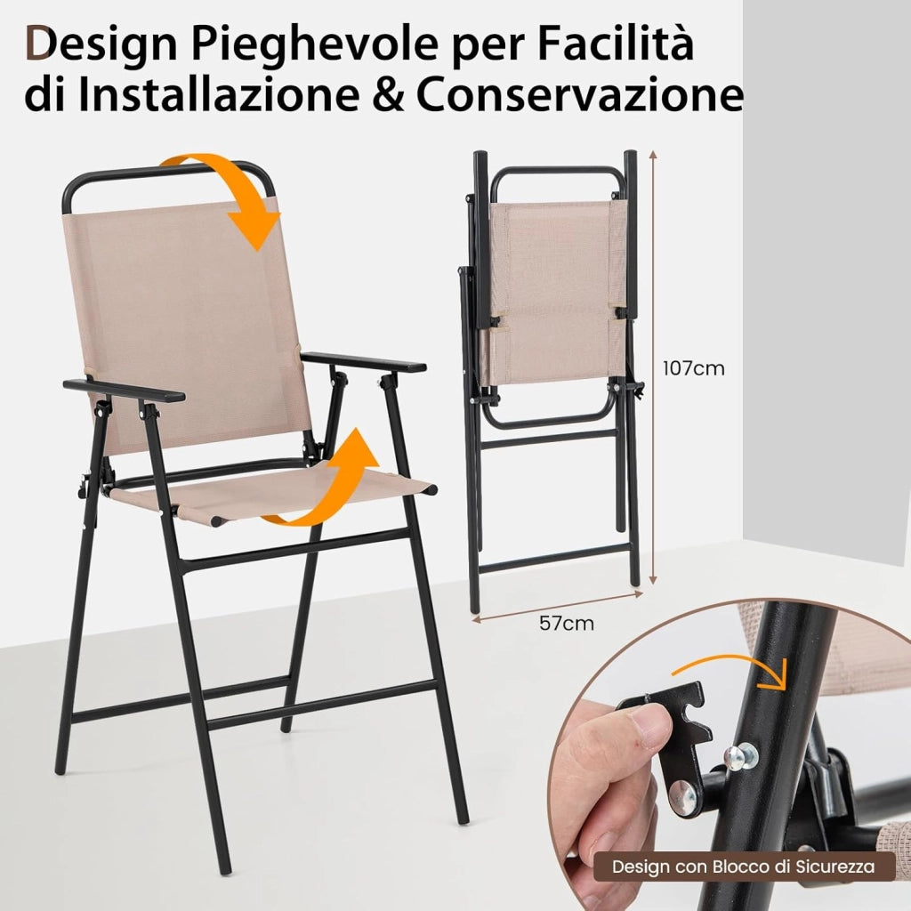 Set Mobili da Giardino 3 Pezzi in Metallo, Tavolo in Vetro e 2 Sedie Pieghevoli, Tavolo da Giardino con Sedie, per Giardino, Portico, Balcone (Senza Ombrello)