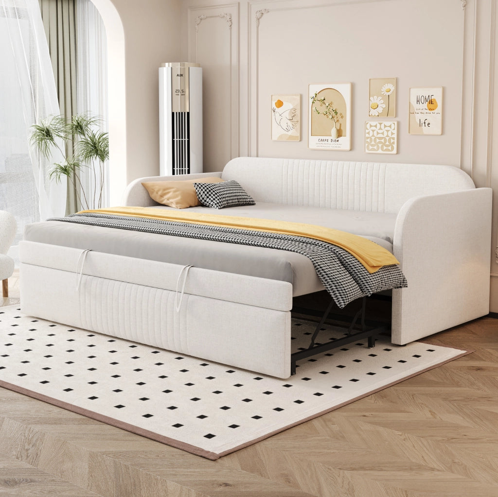 Divano letto imbottito estensibile 90/180 x 190 cm in lino beige; con rete a doghe