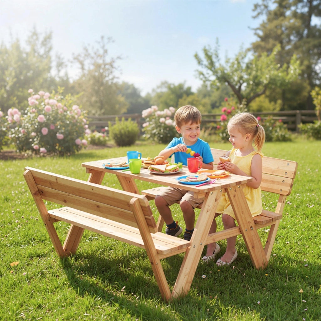 Set di tavolo e sedie in legno per attivit¨¤ all'aperto con 2 panche integrate, Tavolo mobili per bambini per cortile-Tavoli e sedie