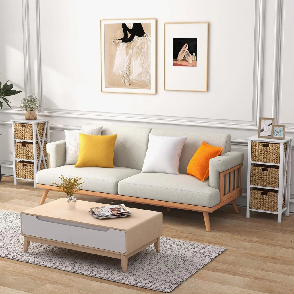 Comodino con cesto portaoggetti, tavolo da notte, stile fresco, tavolino da pranzo, design rinforzato a X (set di 2, 3 ripiani con 3 cestini, 36 x 30 x 80 cm)
