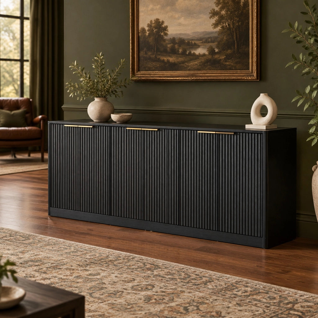 Credenza 170x40x70;5 cm a 6 ante in MDF con pannelli ondulati; nero