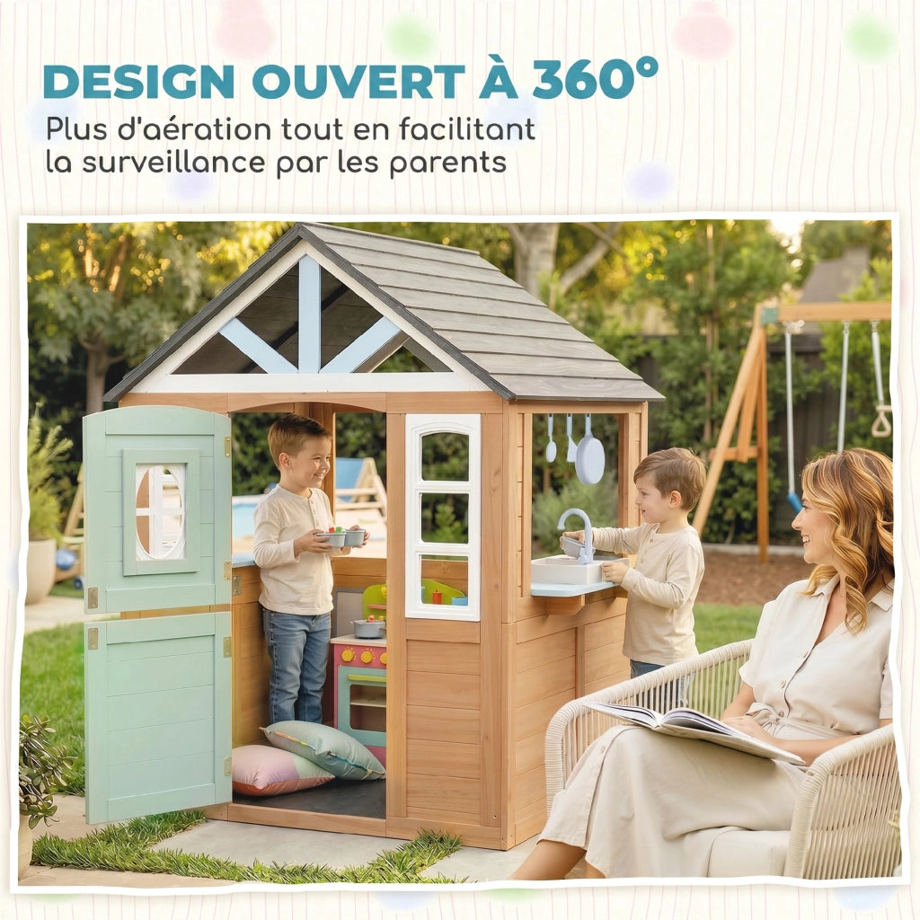 Casetta Bambini Giardino Legno con Cucina Gioco ¨C Zephmum ¨C Naturale 120x120x120