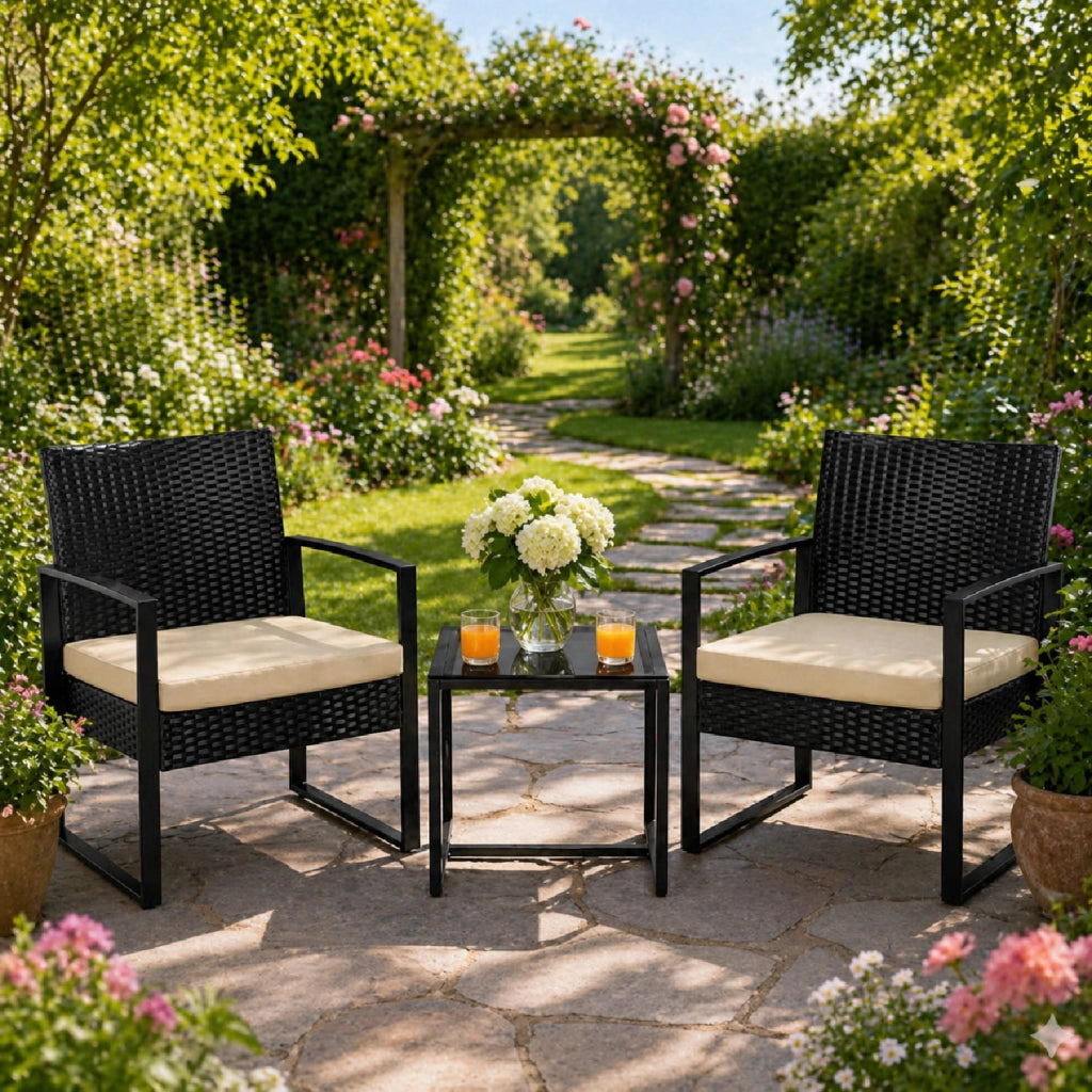 Set Arredo Da Giardino 2 Poltroncine Con Tavolino Ideale Per Esterno Balcone Terrazzo Patio Sedie Con Cuscini Beige Polyrattan E Metallo Design Moderno 57.5 x 63 x 76 Cm Nero