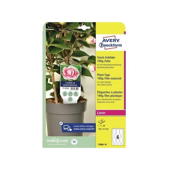 Avery T3006-10 Cartellini per Piante in Poliestere 190µ 128x47 mm 60 pezzi colore Bianco