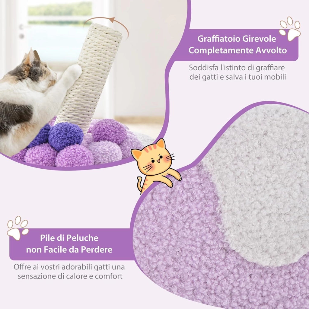 Cuccia per Gatti a Forma di Bubble Tea, Casetta per Gatti con Tiragraffi in Sisal e Palline Appese, Albero per Gattini da Interno, 37 cm x 37 cm x 67 cm (Viola e Bianco)