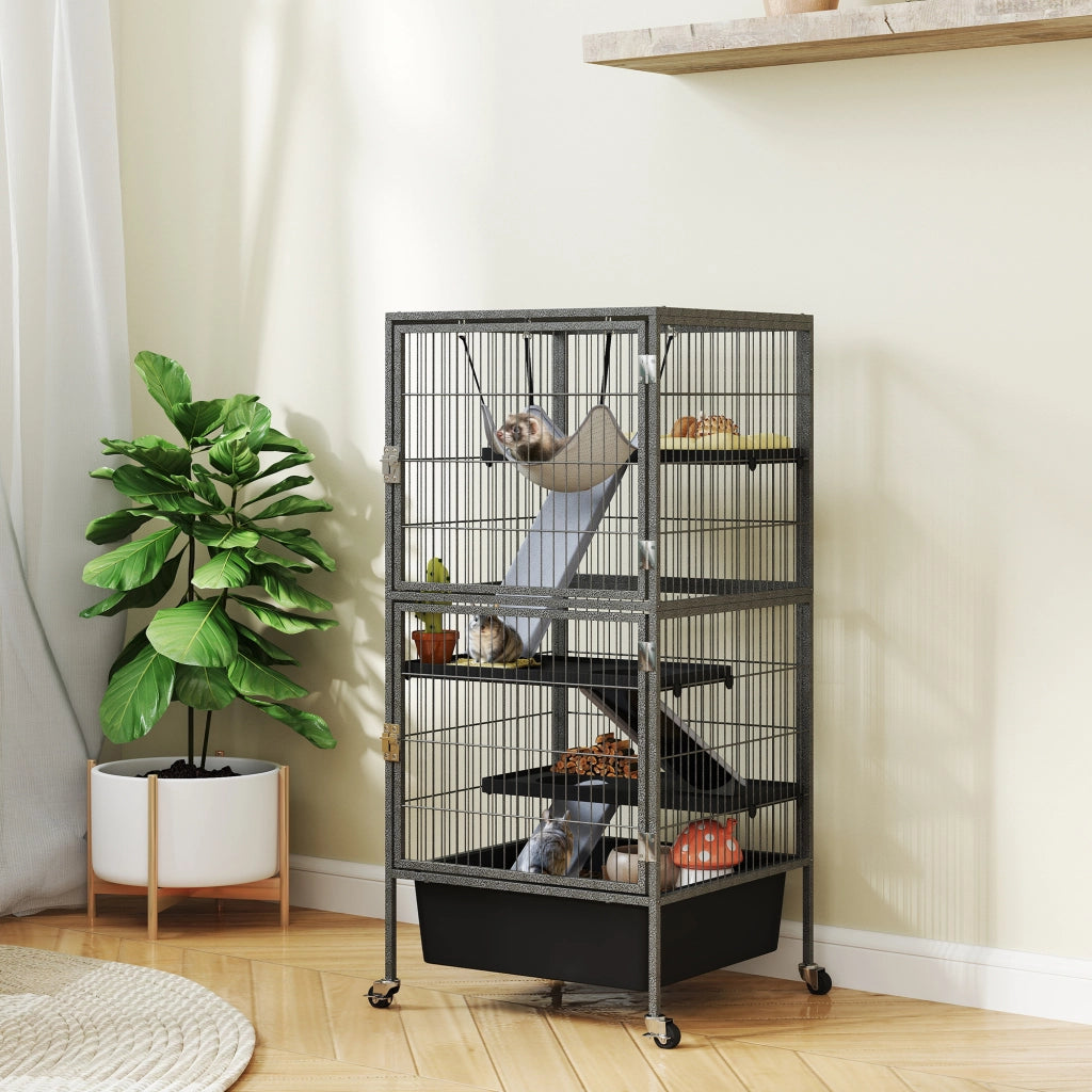 Gabbia per Piccoli Animali a 4 Livelli 52x52x115 cm con Rampe Amaca e Ruote Grigio