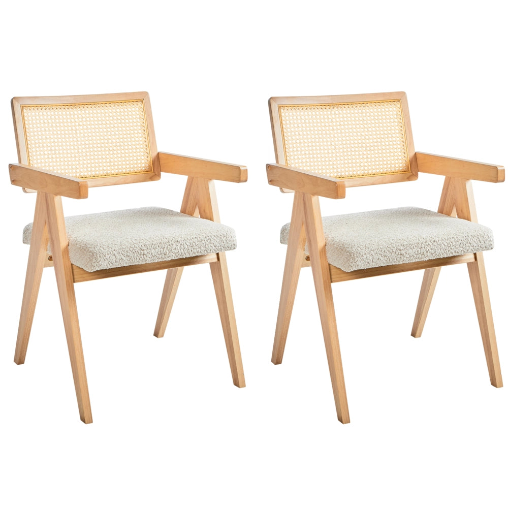 Set di 2 sedie da pranzo marrone chiaro e beige chiaro con struttura in legno di caucciù e sedile in bouclè Cucina da pranzo retrò