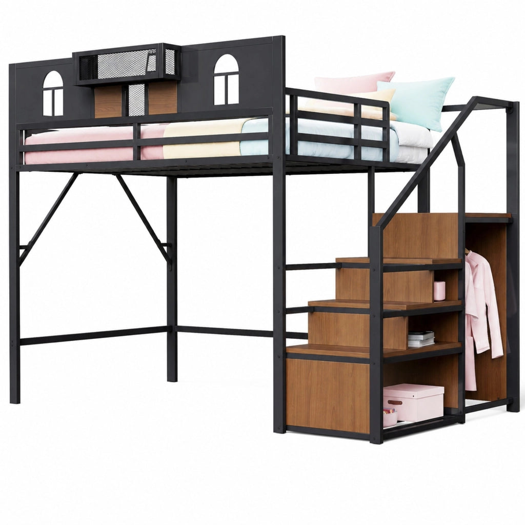 Letto a soppalco in metallo 140x200 cm con scala contenitore; ripiano laterale e colore nero