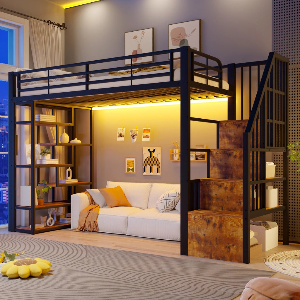 Letto a soppalco 90x200 cm con spazio libero sottostante; LED; ripiano; gradini integrati e parapetto; metallo nero