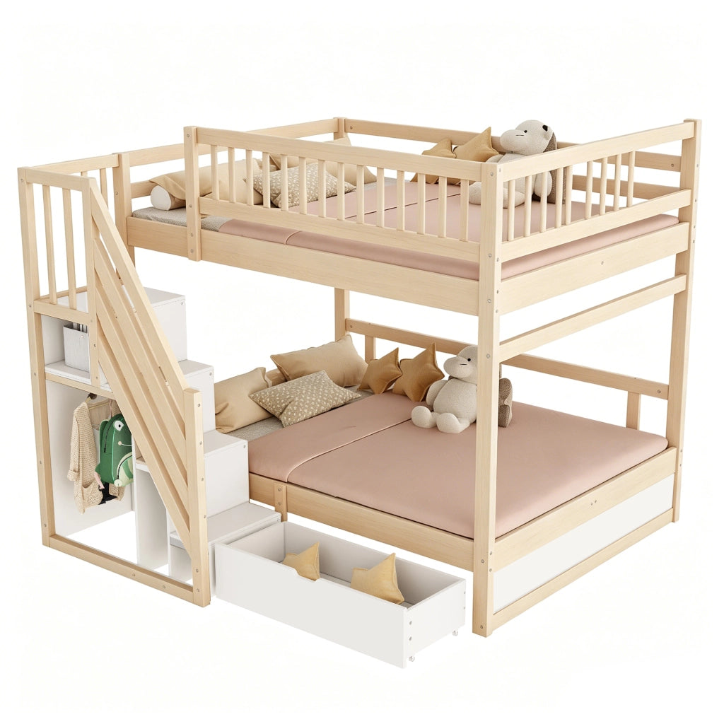 Letto a castello 2 posti con scala contenitore; cassetti; 140×200 cm; senza materasso; in legno