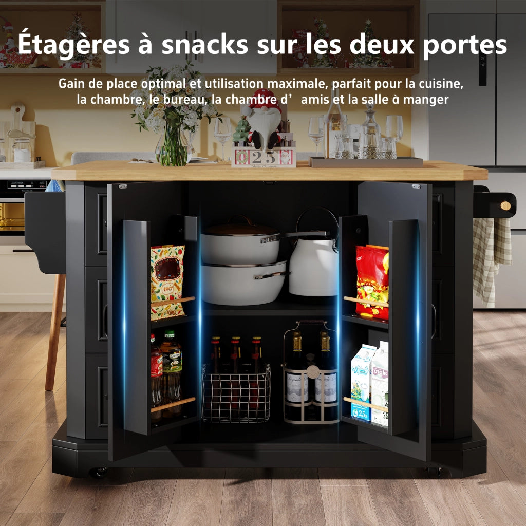 Carrello da Cucina con 2 Ante e 6 Cassetti con Ruote; in MDF e Metallo; per Cucina; 120x45x91 cm; Nero