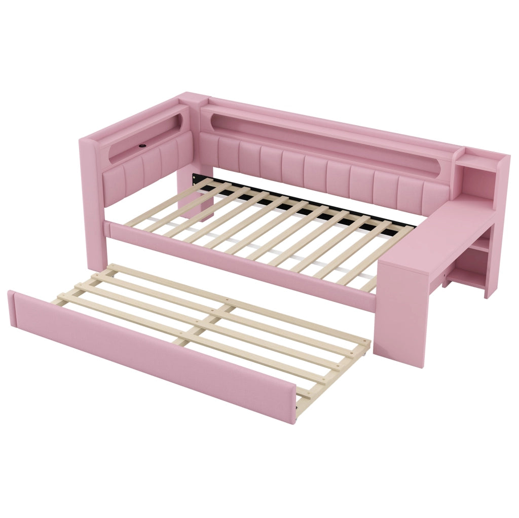 Letto a giorno imbottito 90x200 cm rosa con LED; USB; letto estraibile e scrittoio