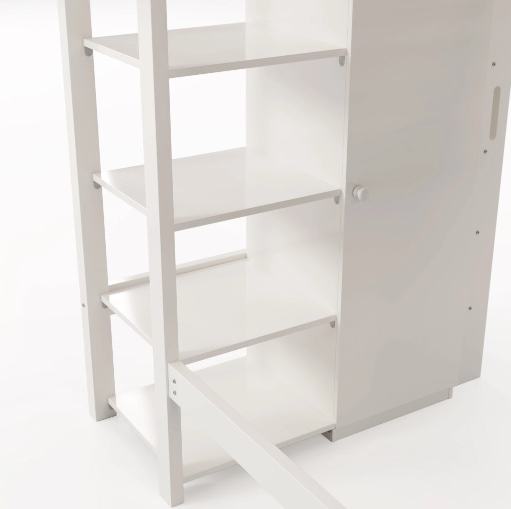 Letto a castello alto per bambini 90x200 cm con armadio e 6 ripiani; bianco