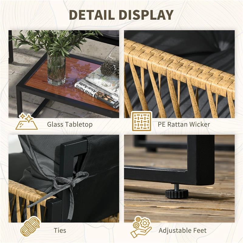 SET DA GIARDINO 4 PEZZI IN RATTAN CON DIVANETTO 2 SEDIE E TAVOLINO DA CAFFÈ GRIGIO E MARRONE