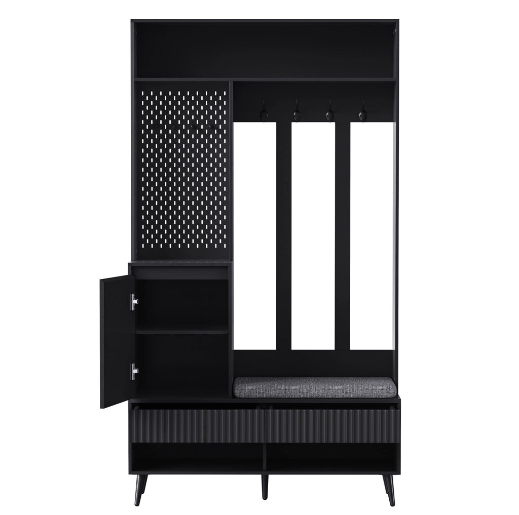 Mobile ingresso con panca; 4 ganci; 2 cassetti e vano contenitore; 100x35x180 cm; nero