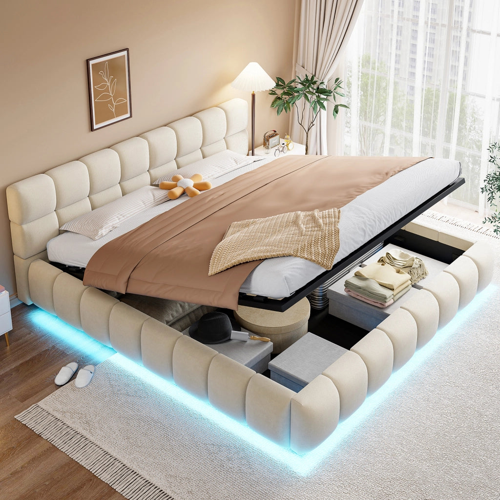 OKWISH Letto Contenitore 180×200 cm, Letto Matrimoniale con Contenitore Idraulico, LED Regolabile e Testiera Imbottita, senza Materasso, Beige