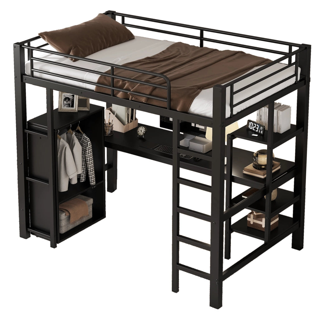 Letto a Soppalco 90x200 cm - Scrivania; Armadio; Libreria e Scala a 5 Gradini - Nero