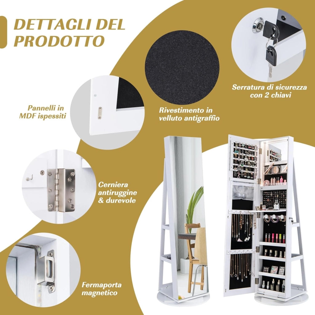 Armadietto per Gioielli Girevole a 360°, con Specchio a Figura Intera Luce a LED a 3 Colori, Specchio Interno per il Trucco con Serratura, 54,5 x 54,5 x 161cm (BIANCO)