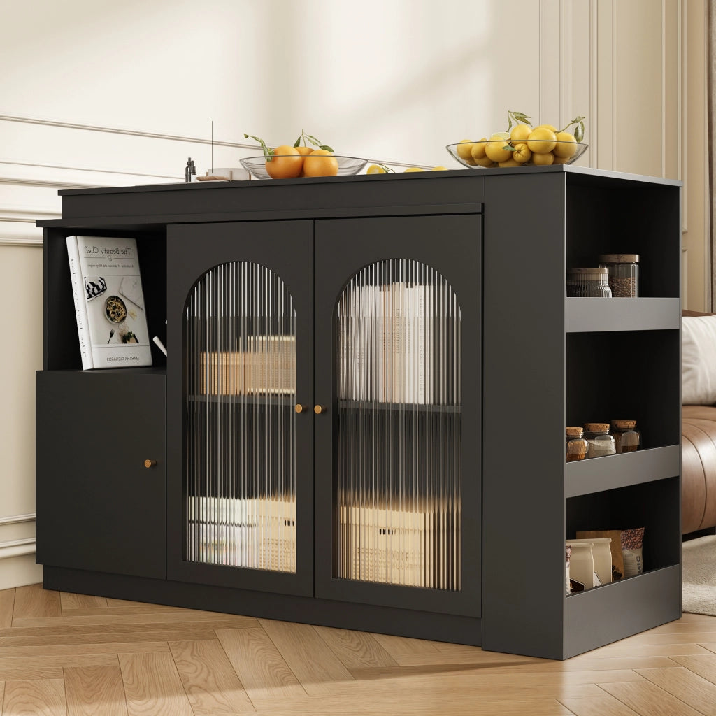 Mobile bar girevole 360° con ante in vetro, 120 x 40 x 97 cm, nero, in MDF, mobile contenitore moderno per cucina e soggiorno