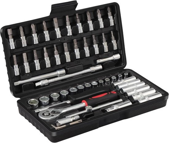 Set di chiavi a rullo da 53 pezzi da 1/4 pollice, completo di estensioni metriche e bit.