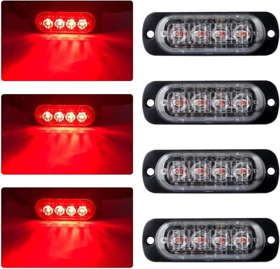 Faro di Emergenza Ultra Sottile - 4 LED Luce di Avviso - Barra di Luce Stroboscopica Rossa con Segnalazione di Pericolo - Segnalatore di Semaforo per Veicoli 12-24V Carrozza Camper Motorhome