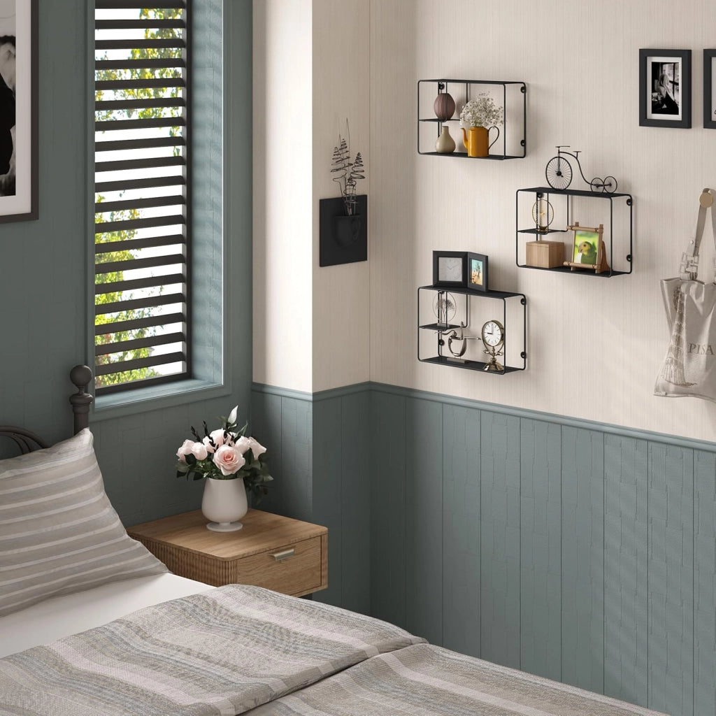 EUGAD Set di 3 Mensole a Muro in Metallo Nero, Scaffali da Parete a 3 Ripiani, Mensole Sospesa di Stile Industriale, per Camera da Letto, Soggiorno, Cucina, 38x11,5x25,5 cm, Nero