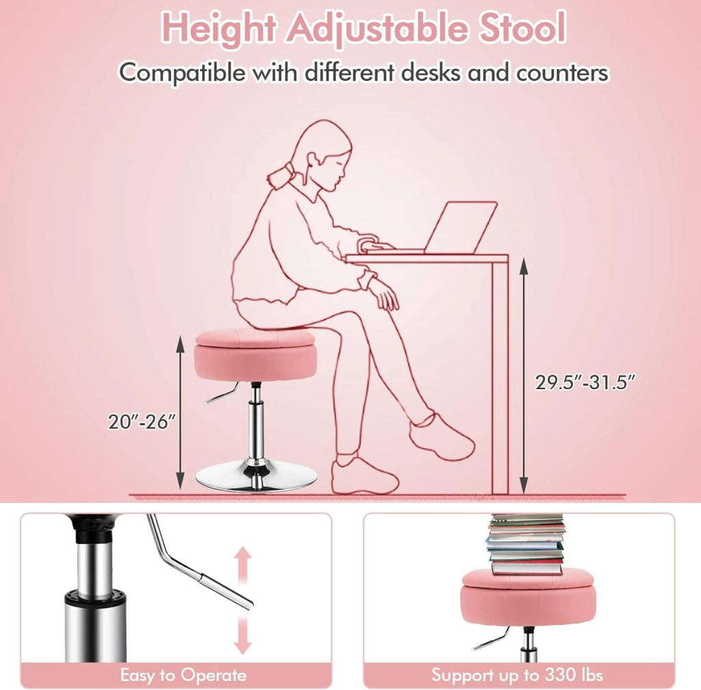 Sgabello Girevole a 360° con Ruote, 51-66 cm Altezza Regolabile Sedia da Lavoro, per Camera da Letto, Soggiorno, Bar, 3 Colori