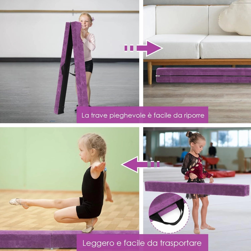 Trave Ginnastica Artistica per Casa 210/240 cm, Trave Pieghevole per Bambini con Maniglia, Base in Legno e Fondo Antiscivolo, Trave di Equilibrio da Pavimento