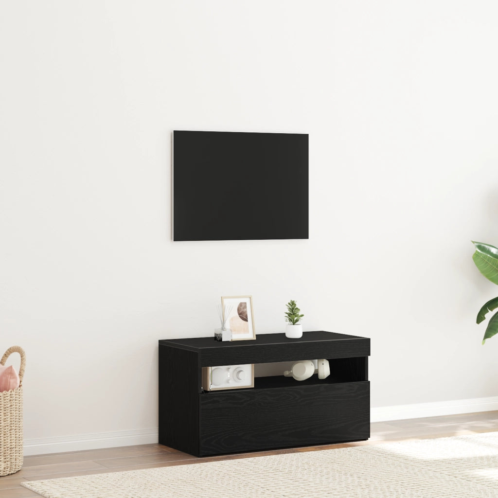 Mobile TV  con luci LED, Nero Rovere, 75x35x40 cm, in legno ingegnerizzato