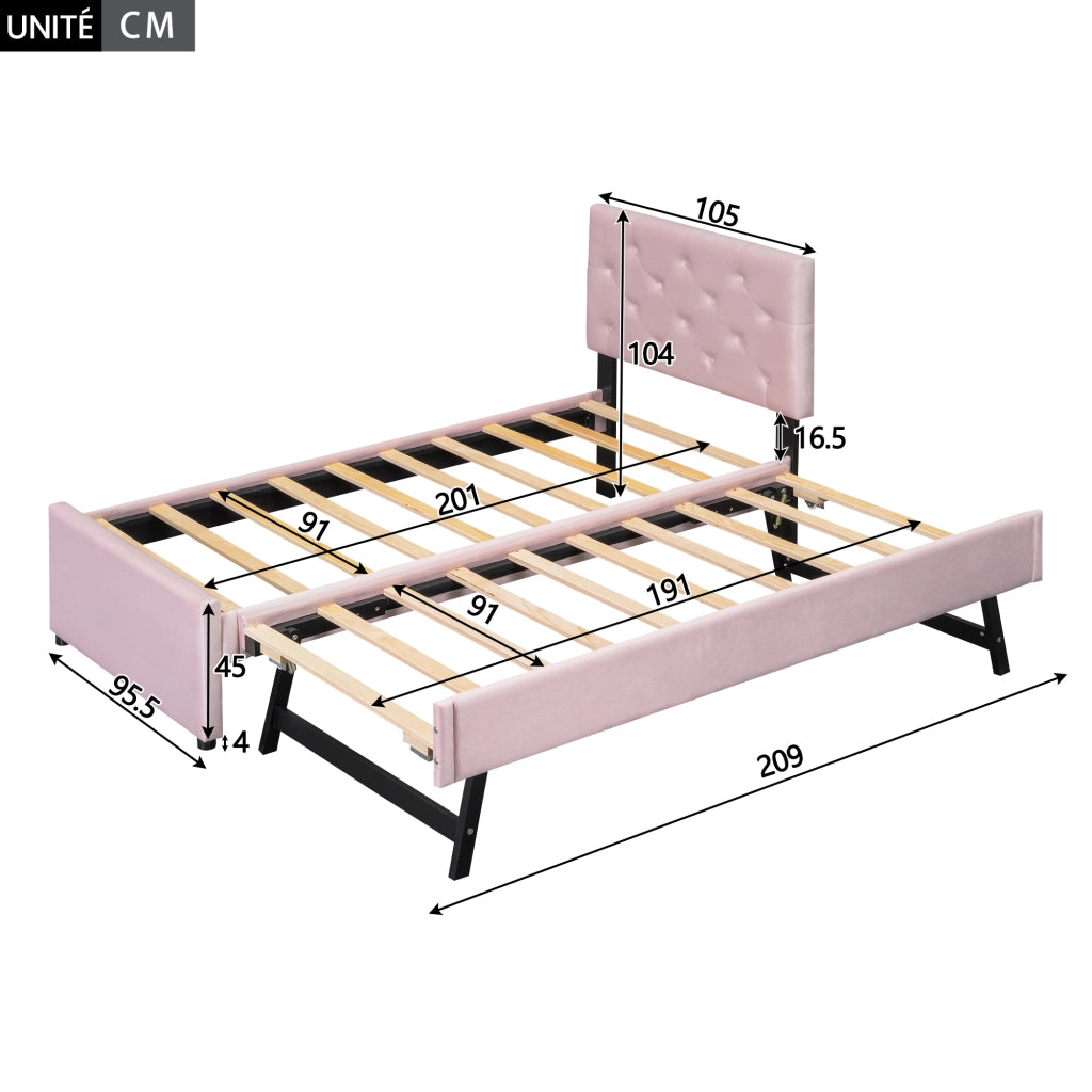 Letto Estraibile 2 Posti con Letto Scorrevole; 90 × 200 cm e 90 × 190 cm; senza Materasso; Velluto Rosa