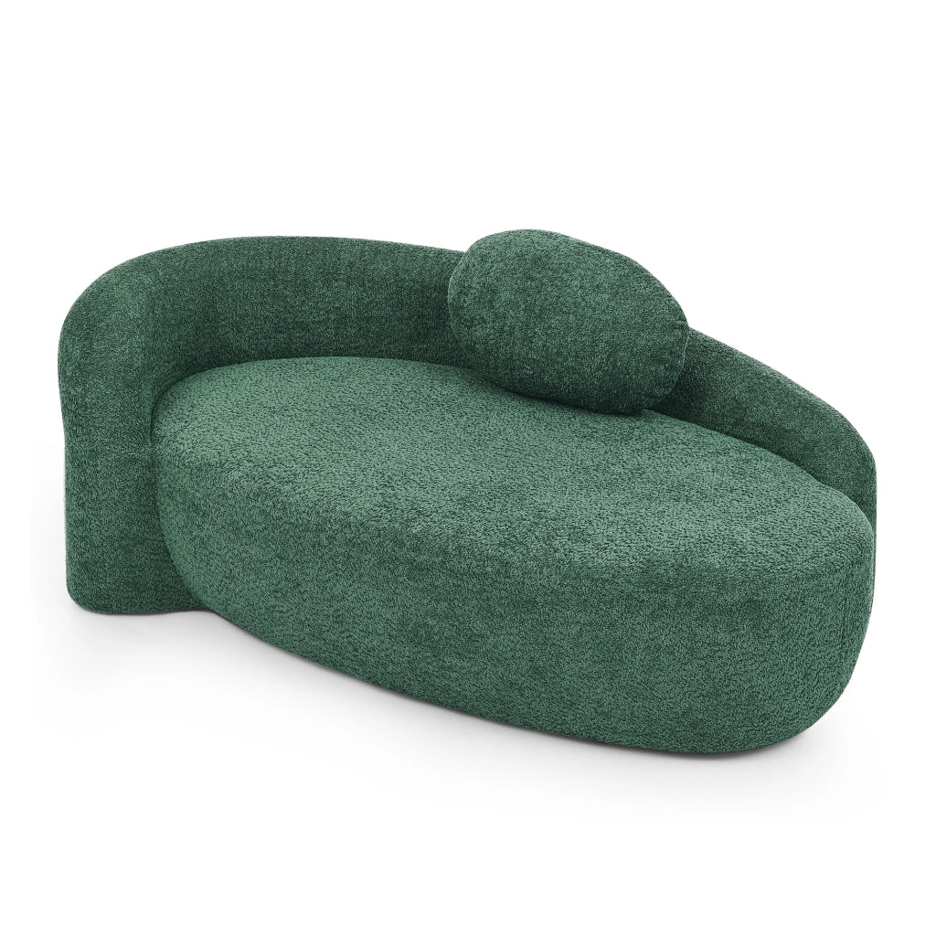 Divano compatto in Teddy verde con design arrotondato, cuscino di supporto e imbottitura elastica