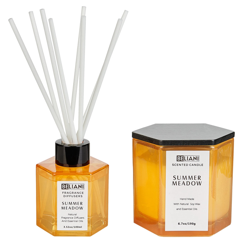 Set candela profumata in cera di soia 100% e diffusore con bastoncini, stoppino di cotone, vetro profumo fresco prato estivo