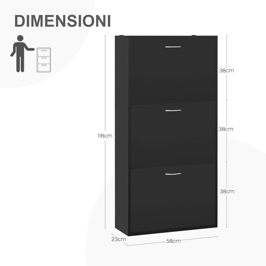Scarpiera con 3 Cassetti a Ribalta, Portascarpe Stretto con Ripiani Regolabili, Capienza 14-18 Paia, 58x23x118 cm, Nero, per Corridoio e Soggiorno