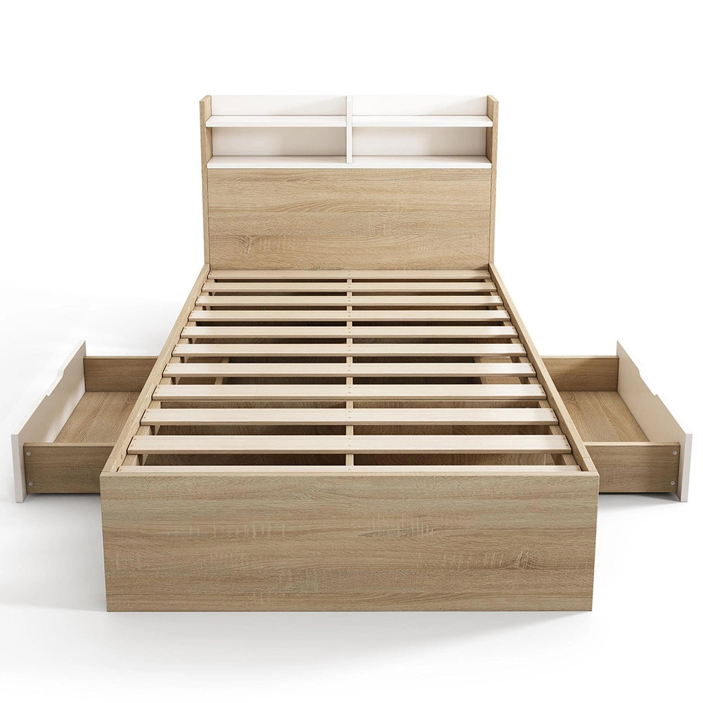 Letto legno-Xylo-90x200cm bianco/rovere 2 tiroir ripiani senza materasso
