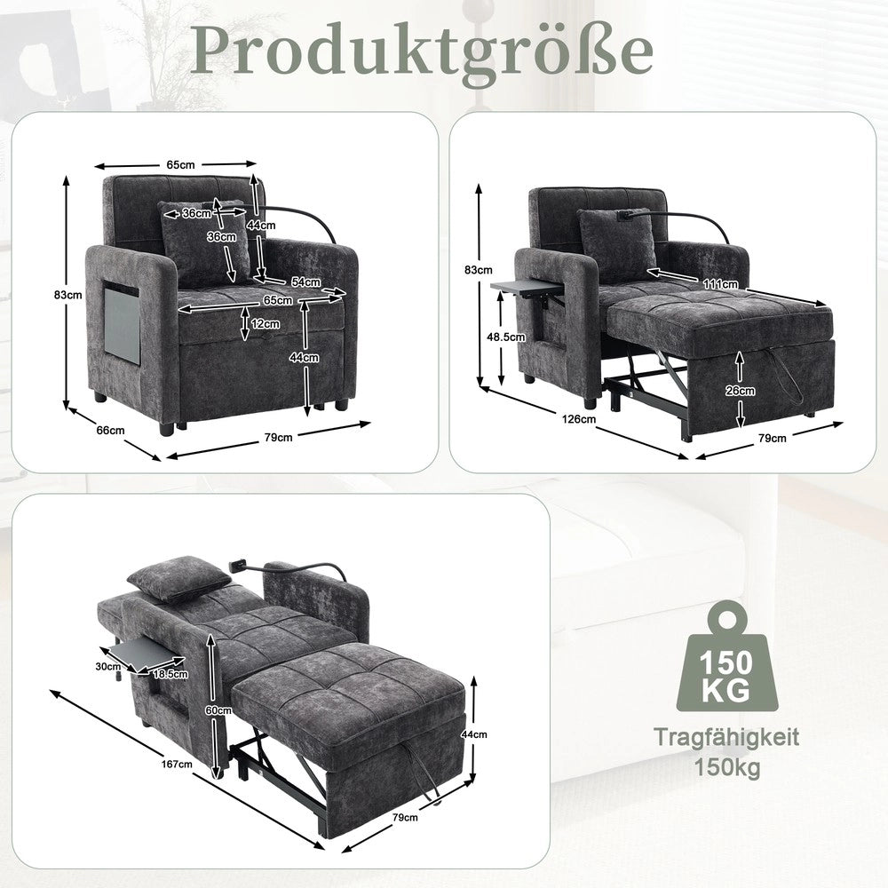 Poltrona letto ¨C Minimal ¨C tessuto chenille grigio con cuscini, tasche laterali e tavolino