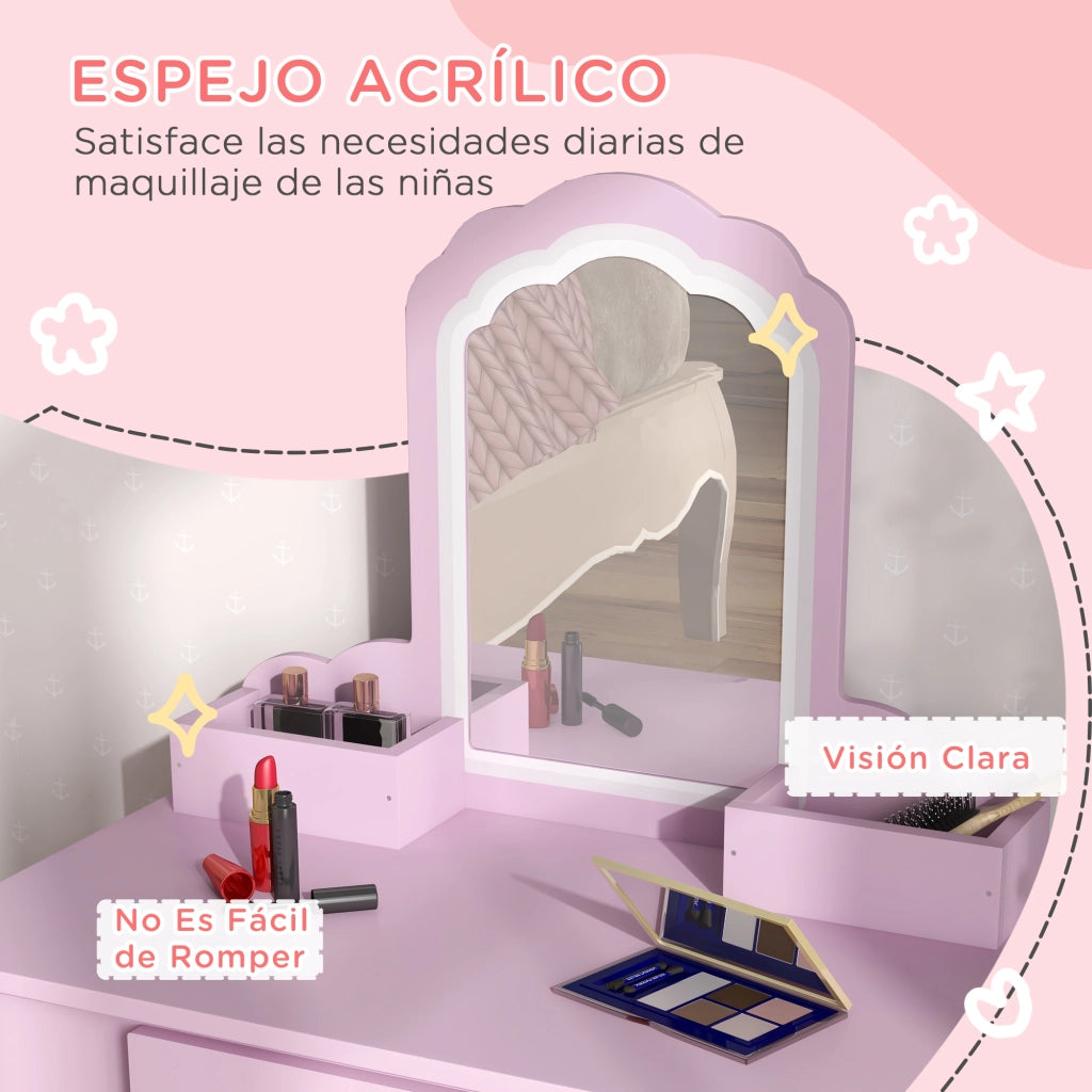 Tocador bambini con specchio cassetto e sgabello ¨C zephmum ¨C rosa 90x50x100
